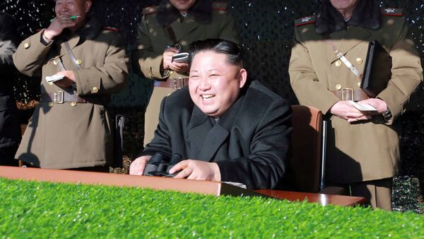 زعيم كوريا الشمالية كيم يونغ آن خلال مشاهدته لعرض التدريبات العسكرية في بيونغ يانغ، 11 ديسمبر/ كانون الأول 2016 - سبوتنيك عربي