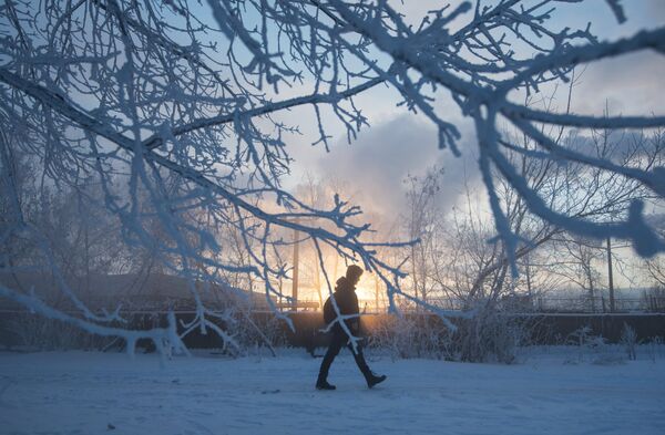 مواطن يسير في أحد شوارع موسكو المغطاة بثلج كثيف، ودرجة الحرارة 24 تحت الصفر - سبوتنيك عربي