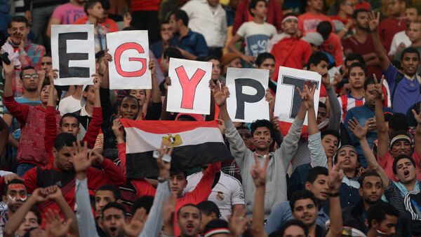 Egyptian fans carry placards and the national flag ahead of the match between Egypt and Senegal during the Africa Cup of Nations group G football match at the Cairo International Stadium in the Egyptian capital on November 15, 2014 - سبوتنيك عربي