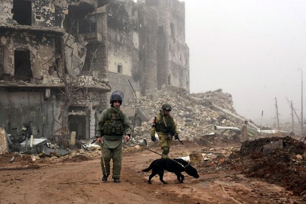 عاناصر الجيش خلال إزالة الأغلام في حلب، سوريا - سبوتنيك عربي