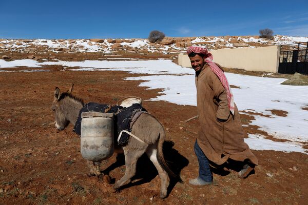 رجل يسير بجوار حماره ويبتسم إلى كاميرا التصوير بجبال الأطلس الصحراوي، الجزائر 26 يناير/ كانون الثاني 2017 - سبوتنيك عربي