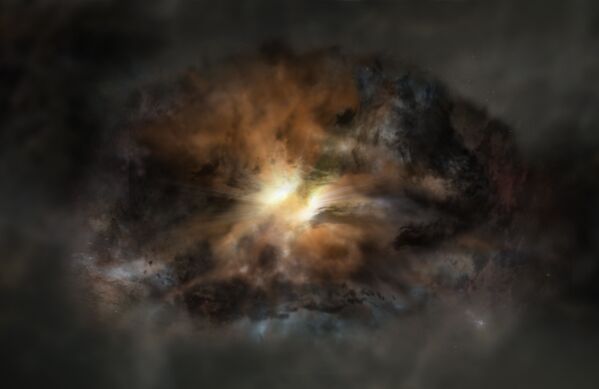 رسم توضيحي لفنان للمجرة الأكثر سطوعاً في الكون واسمها W2246-0526. وتشير البحوث العلمية الأخيرة إلى وجود غازات مضطربة في هذه المجرة، وهي الأولى من نوعها. - سبوتنيك عربي