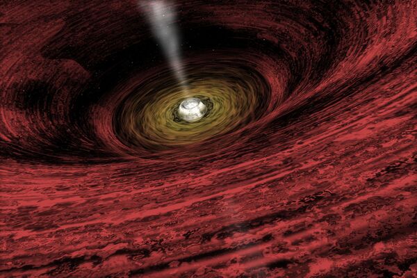 رسم توضيحي لفنان حول تزايد حجم الثقب الأسود في أوائل مراحله، وتدور حوله حلقات ضخمة من الغاز الذي يبتله الثقب - سبوتنيك عربي