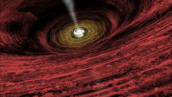 رسم توضيحي لفنان حول تزايد حجم الثقب الأسود في أوائل مراحله، وتدور حوله حلقات ضخمة من الغاز الذي يبتله الثقب - سبوتنيك عربي