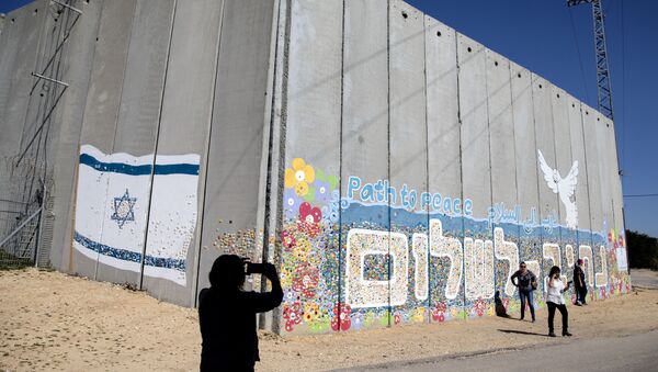 سياح إسرائيليون يلتقطون صوراً على خلفية الجدار الفاصل (عليه رسم الغرافيتي) على الحدود بين إسرائيل وقطاع غزة، 7 فبراير/ شباط 2017 - سبوتنيك عربي