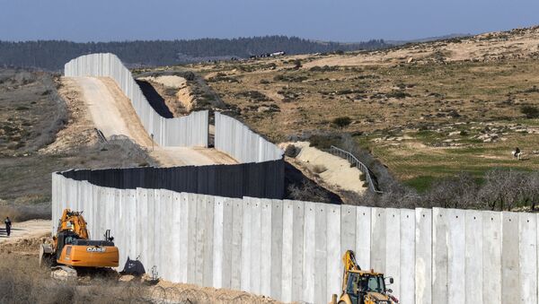عمال يشيدون جزءاً جديداً من الجدار الفاصل بالقرب من كيبوتس لاهاف ليفصل إسرائيل عن الضفة الغربية، 7 فبراير/ شباط 2017 - سبوتنيك عربي