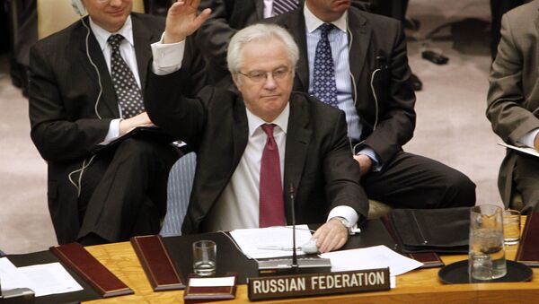ممثل روسيا الدائم لدى الأمم المتحدة فيتالي تشوركين خلال التصويت على قرار فرض حظر جوي في ليبيا (تشوركين يمتنع)، نيويورك، 11 مارس/  آذار 2011 - سبوتنيك عربي