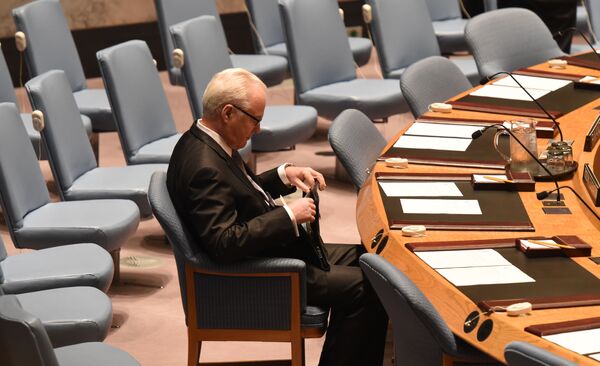 ممثل روسيا الدائم لدى الأمم المتحدة فيتالي تشوركين بمجلس الأمن في نيويورك، 13 ابريل/ نيسان 2014 - سبوتنيك عربي