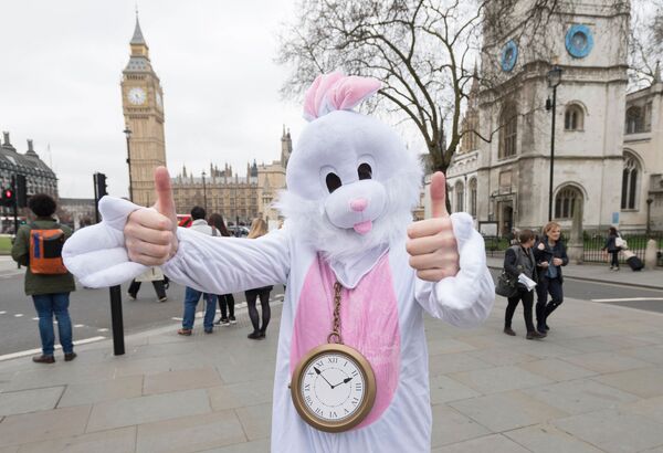 شخص يرتدي زي أرنب أبيض، إحدى شخصيات الرسوم المتحركة لقصة آليسا في بلاد العجائب، أمام البرلمان البريطاني في لندن، وذلك خلال المظاهرات المناهضة لخروج بريطانيا من الاتحاد الأوروبي - سبوتنيك عربي