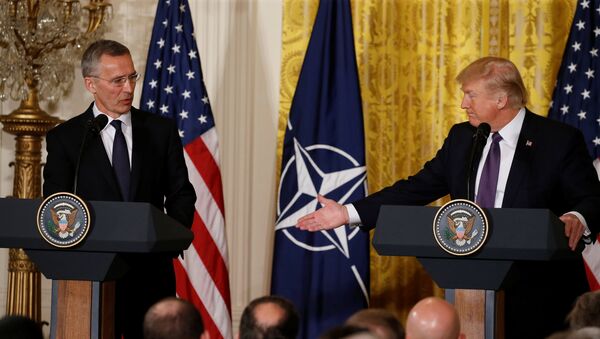 الرئيس الأمريكي دونالد ترامب خلال المؤتمر الصحفي مع الأمين العام لحلف الناتو ينس ستولتنبرغ - سبوتنيك عربي