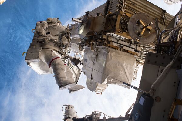 نزهة في الفضاء الخارجي من قبل رائد الفضاء الأمريكي بيغي ويتسون خلال مهمة لوكالة الفضاء الدولية - سبوتنيك عربي