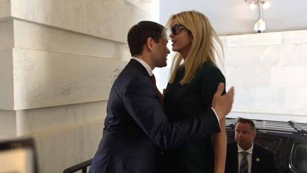 Ivanka Trump, daughter of President Donald Trump, is greeted by Sen. Marco Rubio, R-Fla., as she arrives at the Capitol to meet with lawmakers about parental leave, in Washington, Tuesday, June 20, 2017. - سبوتنيك عربي
