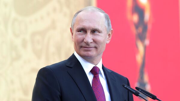 الرئيس الروسي فلاديمير بوتين خلال حضوره لمراسم انطلاق جولة بطولة كأس العالم لكرة القدم 2018 في ملعب لوجنيكي الأولمبي في موسكو - سبوتنيك عربي