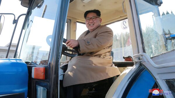 زعيم كوريا الشمالية كيم يونغ أون خلال زيارته لمصنع انتاج الجرارات في بيونغ بيانغ، كوريا الشمالية 15 نوفمبر/ تشرين الثاني 2017 - سبوتنيك عربي