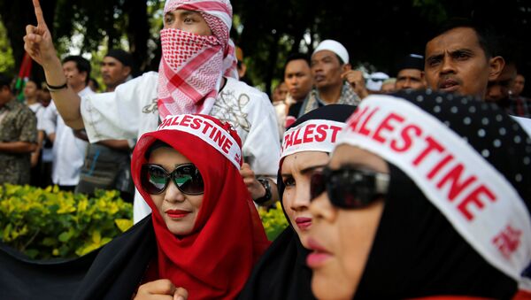 احتجاجات في جاكارتا حول قرار الرئيس الأمريكي دونالد ترامب بشأن القدس، إندونيسيا 8 ديسمبر/ كانون الأول 2017 - سبوتنيك عربي