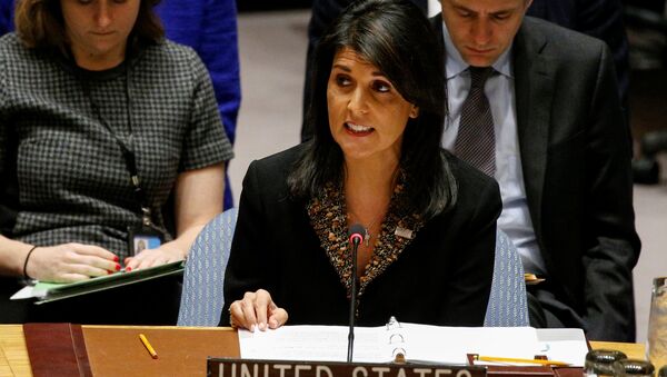 الممثلة الدائمة للولايات المتحدة لدى الأمم المتحدة نيكي هايلي في مجلس الأمن، نيويورك، الولايات المتحدة 21 ديسمبر/ كانون الأول 2017 - سبوتنيك عربي