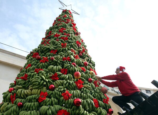 تزيين شجرة عيد الميلاد المجيد من الموز في منطقة الدامور في بيروت، لبنان 19 ديسمبر/ كانون الأول 2017 - سبوتنيك عربي