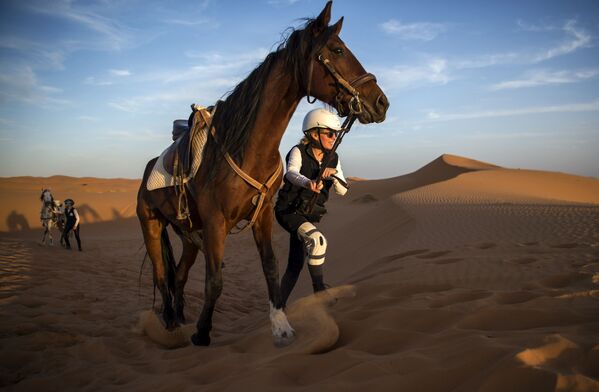 المشاركون في سباق الفروسية Gallops of Morocco في صحراء مرزوقة في جنوب الصحراء المغربية في 2 مارس/ آذار 2018 - سبوتنيك عربي