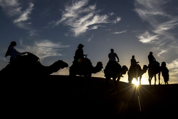 المشاركون في سباق الفروسية Gallops of Morocco في صحراء مرزوقة في جنوب الصحراء المغربية في 2 مارس/ آذار 2018 - سبوتنيك عربي