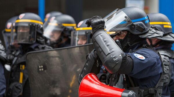 الشرطة الفرنسية خلال المظاهرات والإضراب العام  الذي شارك فيها المحتجين من عمال السكك الحديدية في باريس، فرنسا 3 أبريل/ نيسان 2018 - سبوتنيك عربي