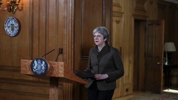 التحالف الثلاثي - مؤتمر صحفي لـ رئيسة الوزراء البريطانية تيريزا ماي حول سوريا، لندن 14 أبريل/ نيسان 2018 - سبوتنيك عربي