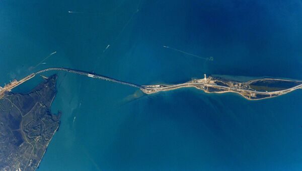 صورة لجسر القرم عبر مضيق كيرتش التقطها رائد فضاء الروسي أنطون شكابليروف من محطة الفضاء الدولية - سبوتنيك عربي