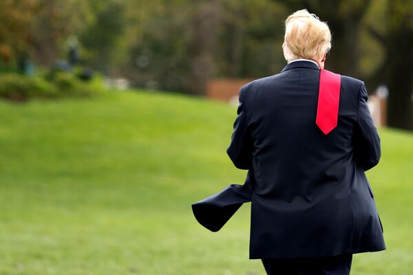 الرئيس الأمريكي دونالد ترامب يتمشى في الحديقة الجنوبية للبيت الأبيض في واشنطن قبل مغادرته إلى ميتشيغان، 28 أبريل/ نيسان 2018 - سبوتنيك عربي