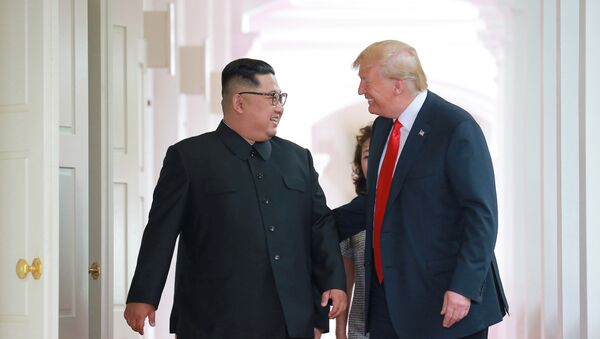 الرئيس الأمريكي دونالد ترامب وزعيم كوريا الشمالية كيم جونغ أون في لقائهما التاريخي في سنغافورة، 12 يونيو/حزيران 2018 - سبوتنيك عربي