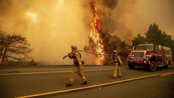 رجال الإطفاء على خلفية ألسنة اللهب على الطريق السريع بالقرب من كليرليك أوكز، كاليفورنيا، الولايات المتحدة 1 يوليو/ تموز 2018 - سبوتنيك عربي