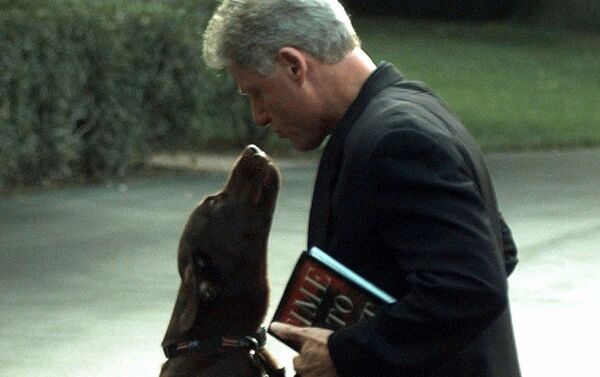 الرئيس الأمريكي بيل كلينتون وكلبه بادي خلال رجوعه من نزهة صباحية إلي البيت الأبيض بواشنطن 12 أغسطس/ آب 1998 - سبوتنيك عربي