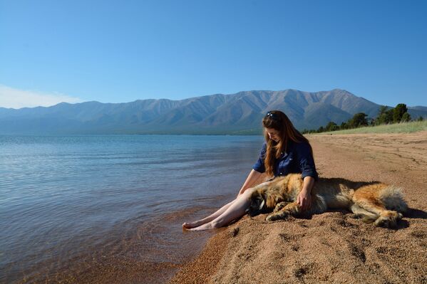 فتاة وكلبها يستجمان على شاطئ بحيرة بايكال - سبوتنيك عربي