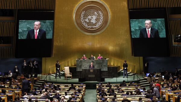  الرئيس التركي رجب طيب أردوغان أثناء الخطاب أمام جمعية الأمم المتحدة، نيويورك 25 سبتمبر/ أيلول 2018 - سبوتنيك عربي