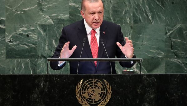 الرئيس التركي رجب طيب أردوغان أثناء الخطاب أمام جمعية الأمم المتحدة، نيويورك 25 سبتمبر/ أيلول 2018 - سبوتنيك عربي