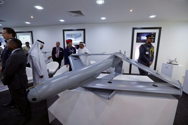 زوار وضيوف يتفقدون طائرة بدون طيار العسكرية الإماراتية، خلال العرض الجوي الدولي (2018 Bahrain International Airshow) في القاعدة الجوية الصخير في بحرين - سبوتنيك عربي