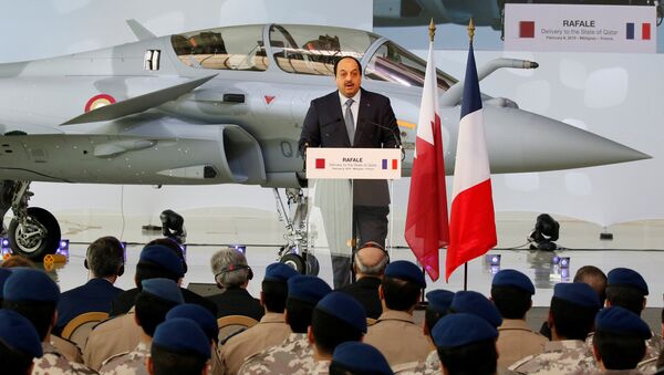 وزير الدولة القطري لشؤون الدفاع خالد بن محمد العطية، خلال استلام الطائرة الأولى من عقد شراء 24 طائرة رافال في فرنسا - سبوتنيك عربي