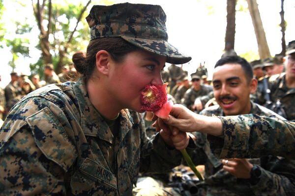أحد مشاة البحرية الأمريكية تأكل زهرة، خلال التدريبات العسكرية المشتركة كوبرا غولد (Cobra Gold) في مقاطعة تشونبوري الساحلية في 19 فبراير/ شباط 2018 - سبوتنيك عربي
