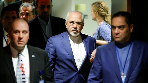 وزير الخارجية الإيراني محمد ظريف بعد حضور اجتماع الأطراف في الاتفاق النووي الإيراني خلال الدورة الثانية والستين للجمعية العامة للأمم المتحدة في مقر الأمم المتحدة في نيويورك - سبوتنيك عربي