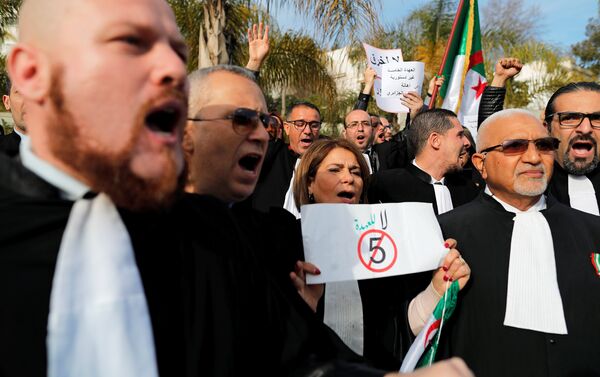 المحامون يرفعون لافتات وهم يرددون شعارات أثناء الاحتجاج للتنديد بترشح بوتفليقة - سبوتنيك عربي