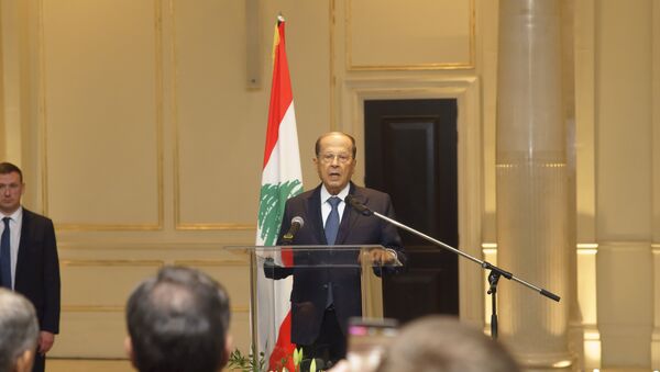 الرئيس اللبناني ميشال عون في قاعة المؤتمرات في فندق فور سيزون في موسكو، 25 مارس/ آذار 2019 - سبوتنيك عربي