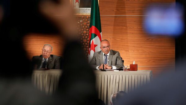 رئيس الوزراء الجزائري المعين حديثاً نور الدين بدوي يتحدث خلال مؤتمر صحفي مشترك مع نائب رئيس الوزراء رمضان لعمامرة في الجزائر - سبوتنيك عربي