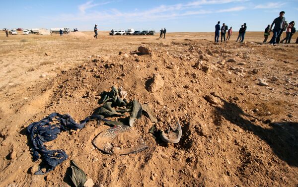 عراقيون من الدفاع المدني وأكراد يفحصون مقبرة جماعية اكتشفت للأكراد في غرب مدينة السماوة - سبوتنيك عربي