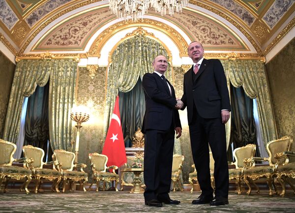 الرئيس الروسي فلاديمير بوتين والرئيس التركي رجب طيب أردوغان خلال الاجتماع في موسكو، 8 أبريل/ نيسان 2019 - سبوتنيك عربي