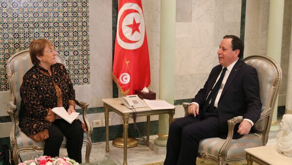 وزير الخارجية التونسي خميس الجيناوي و المفوضية السامية للامم المتحدة لحقوق الانسان ميشال باشليه - سبوتنيك عربي