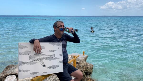 الفنان الكوبي ساندور غونزاليس يتحدث إلى وسائل الإعلام بعد رسمه تحت الماء في بونتا بيرديز - سبوتنيك عربي