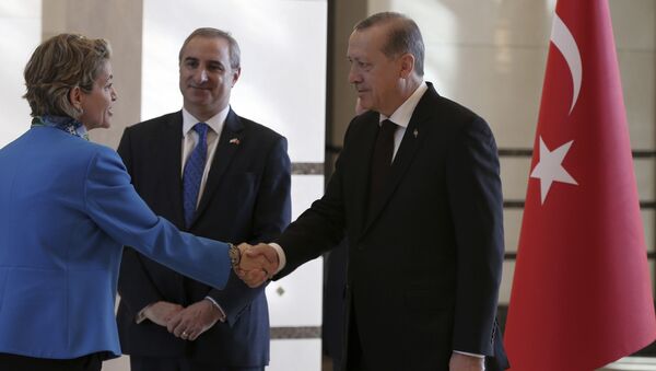 الرئيس التركي رجب طيب أردوغان يصافح القائم بالأعمال الإسرائيلي أميرة أورون بعد أن قدمت خطاب اعتمادها في أنقرة عام 2016 - سبوتنيك عربي