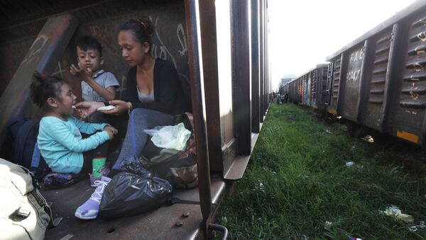 مهاجران: أم وطفل يركبان قطار شحن في طريقهما إلى الشمال، في بالينكو، ولاية تشياباس، المكسيك 24 يونيو/ حزيران 2019 - سبوتنيك عربي