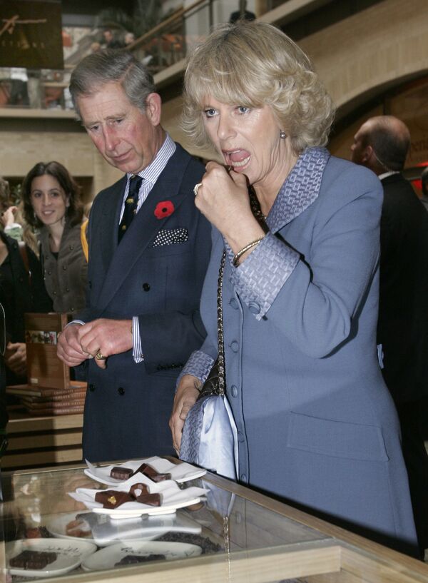 كاميلا، دوقة كورنوال، الزوجة الثانية لولي عهد المملكة المتحدة الأمير تشارلز أمير ويلز، بصبحة الأمير تشارلز يتذوقان الحلوى في أحد متاجر فرانسيسكو، 7 نوفمبر/ تشرين الثاني 2005 - سبوتنيك عربي