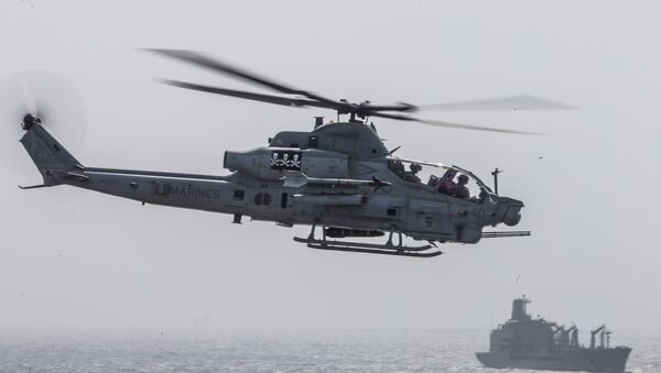 طائرة هليكوبتر تستعد للهبوط على سطح سفينة الهجوم البرمائية يو إس إس بوكسير أثناء عبورها عبر المضيق هرمز - سبوتنيك عربي