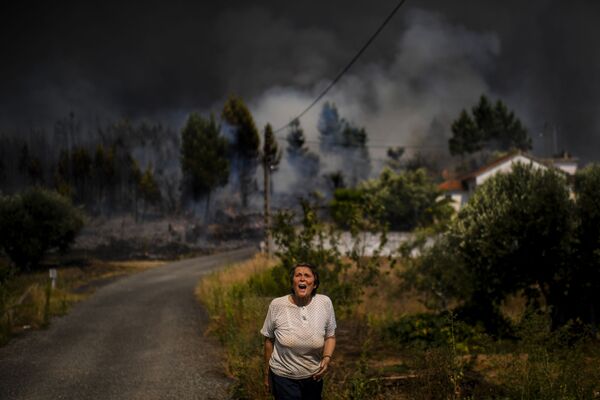 امرأة تصرخ على خلفية حرائق الغابات، المنتشرة على المباني السكنية في قرية كاساس دا ريبيرا البرتغالية، 21 يوليو/ تموز 2019 - سبوتنيك عربي
