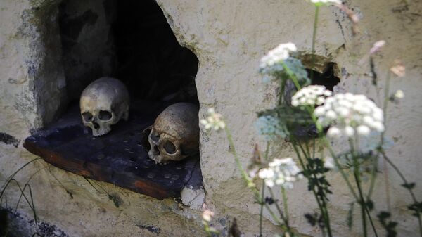 جماجم وعملات معدنية في مقبرة على أراضي مدينة الموتى في جمهورية أوسيتيا الشمالية الروسية - ألانيا - سبوتنيك عربي